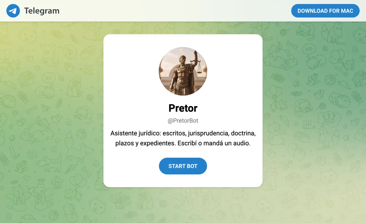 La página de Telegram del bot Pretor, con el botón para empezar la conversación